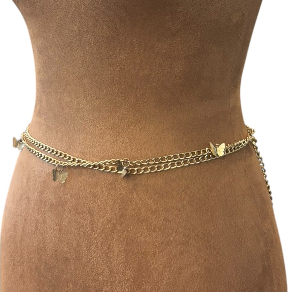 Gold Tone‎ Double Chain Waist Belt Butterfly Charms Adjustable To 35” Fairycore